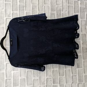 Apt. 9 Dark Blue Lace Top w/ Sheer Lace Sleeves; Petite Large